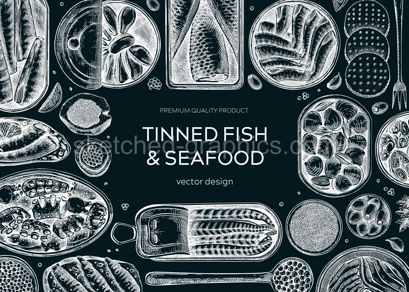 Tinned fish frame design on chalkboard. Seafood background with hand-drawn sardines, anchovy, mackerel, tuna, mussels in tin cans, fish canapes drawings. Finger food party banner. Canned fish sketch Illustration